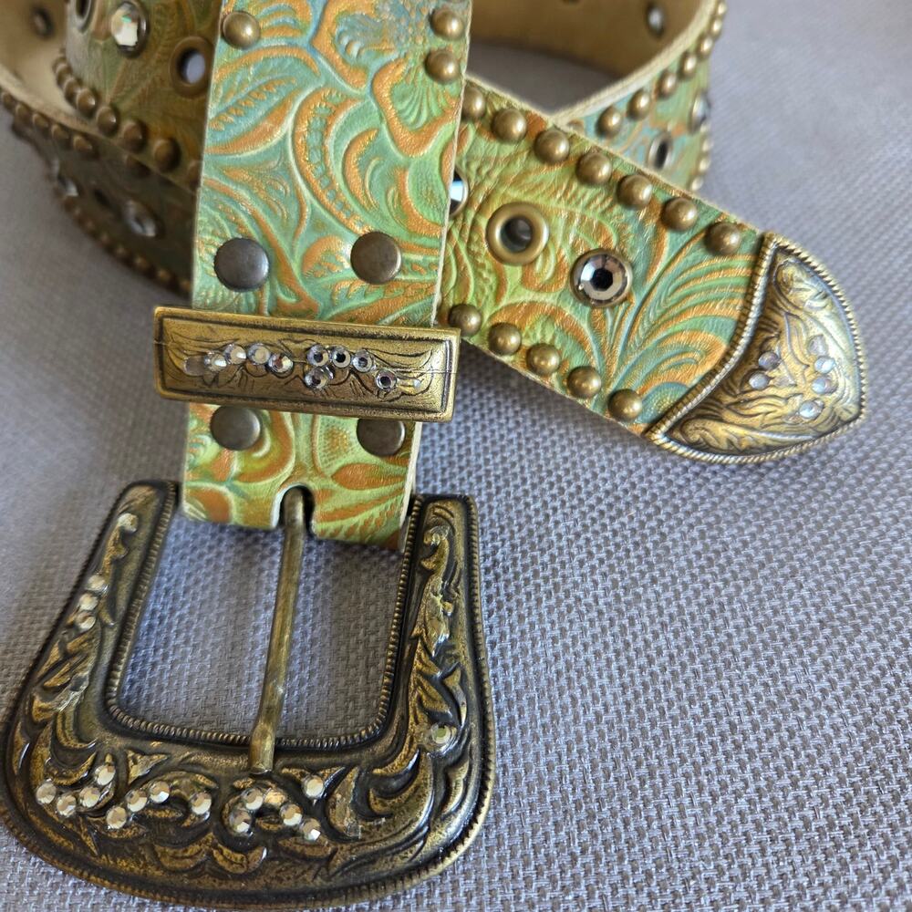 Vintage Leatherock Women's S32 Western Tooled Leather Rhinestone Studded Belt